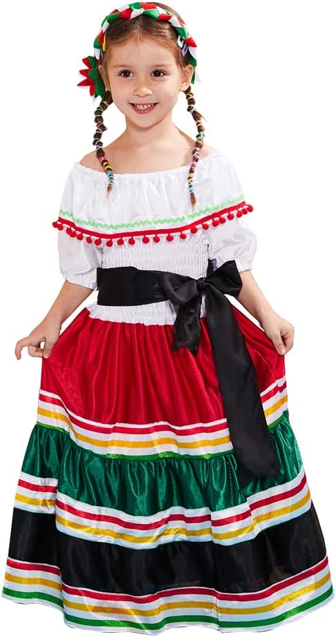 Snailify Girls Traditional Mexican Folk Costume One Shoulder Long Dress Costume Halloween Festival Party Dress