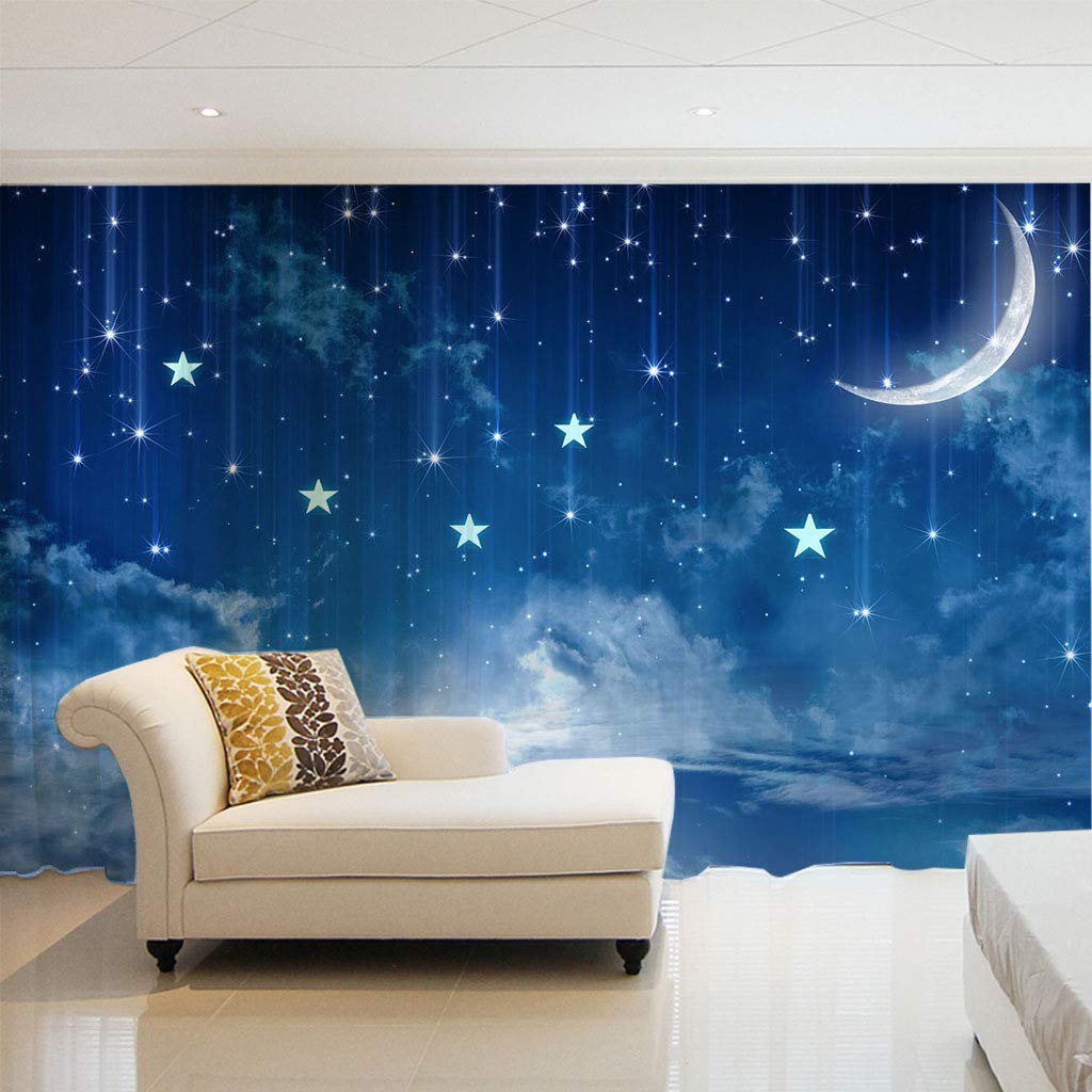Rideau chambre a coucher moderne et voilage salon bleu marine motif etoile 145cm