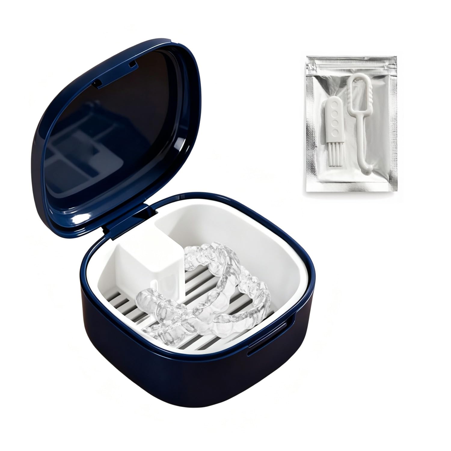 retainer case with removal tool portable denture box slim mouth guard storage case clear aligner holder and denture bath cup for retainers mouth guards and dental appliances blue