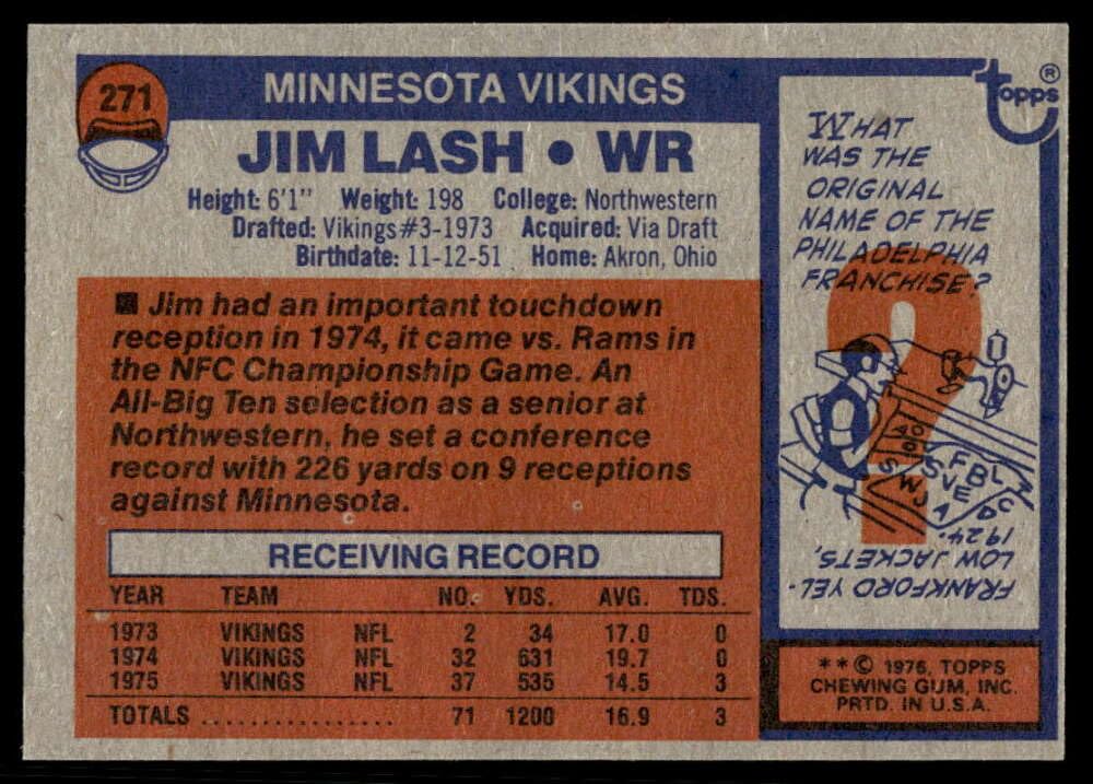 Amazon.com: Football NFL 1976 Topps #271 Jim Lash Vikings
