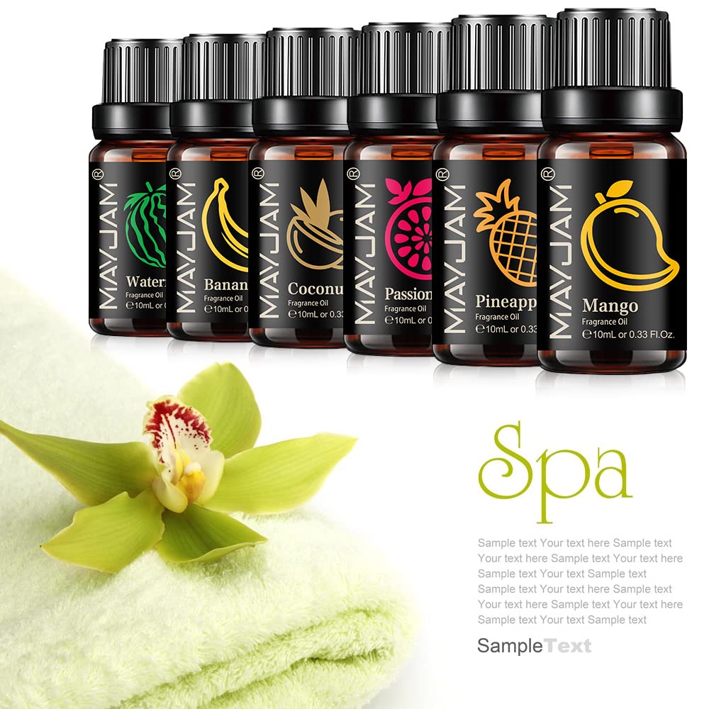 MAYJAM Set Olio Essenziale Di Frutta 8 X 10ml, Per Oli Essenziali Di Frutta Diffusa - Mango, Frutto Della Passione, Fragola, Anguria, Cocco, Ananas, Banana, Uva