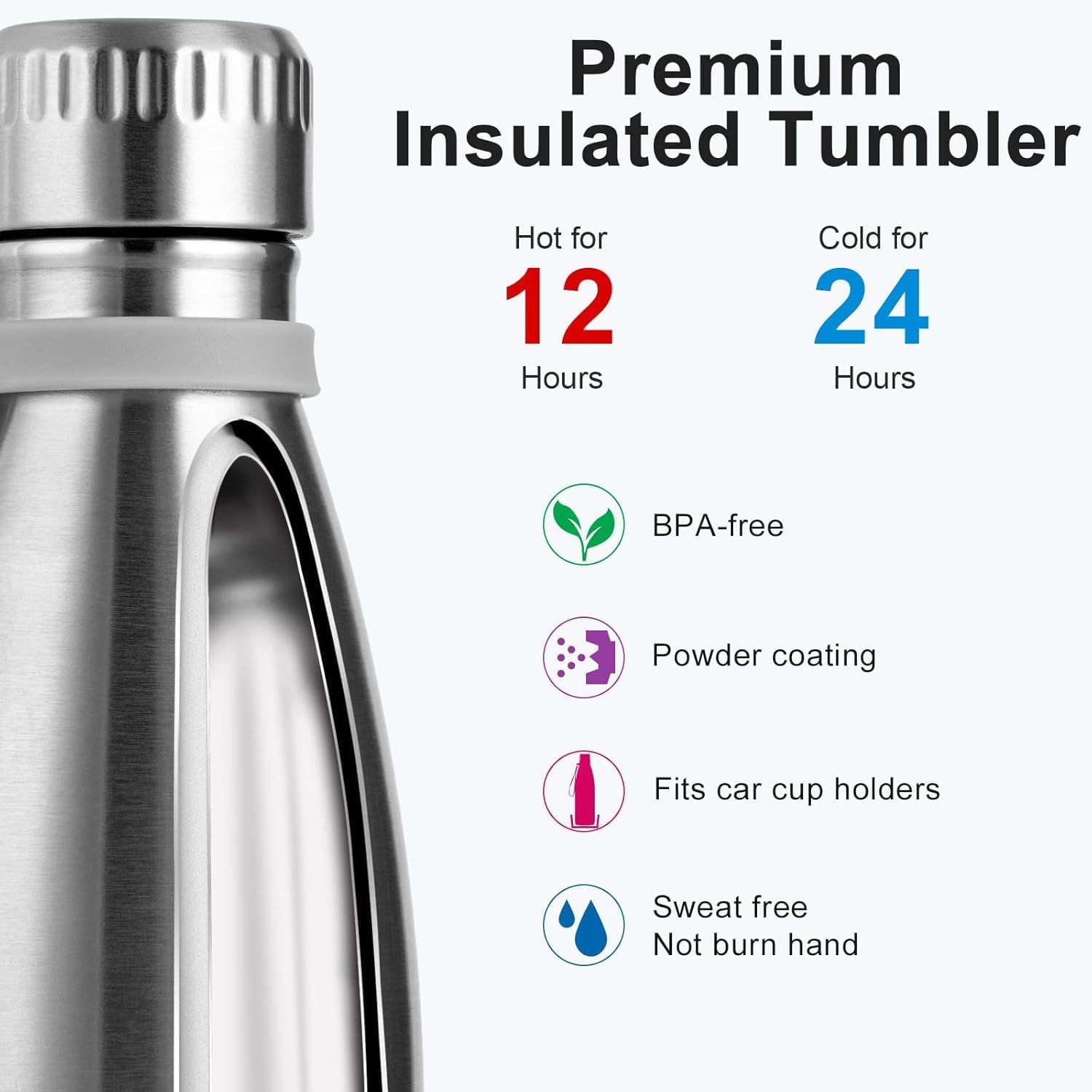 koodee 12 oz Water Bottle for Kids, Stainless Steel Double Wall Vacuum Insulated Sports Bottle Cola Shape Leak-Proof Flask (Silver) - Image 4