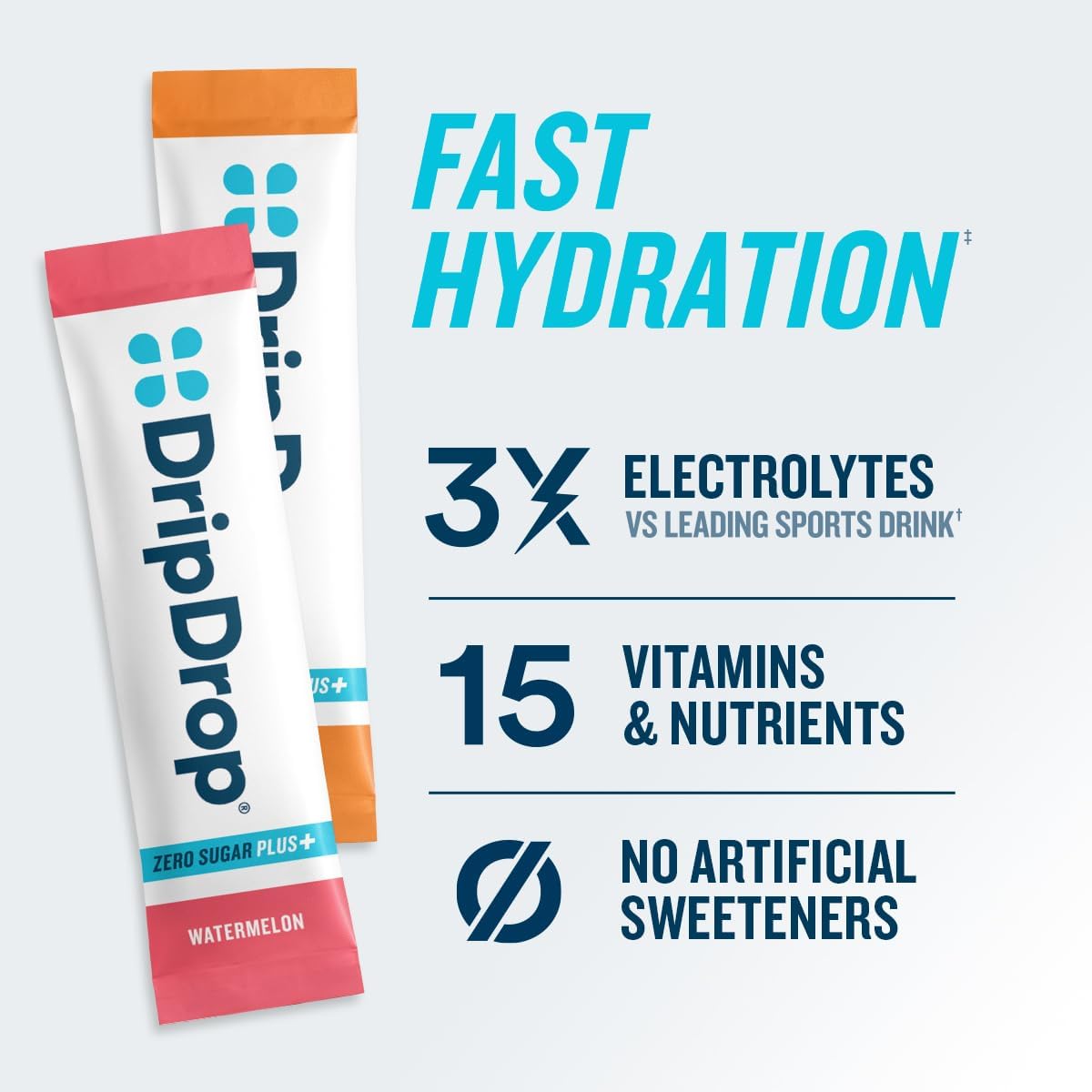 DripDrop Zero Sugar Plus - Sugar Free Hydration Packets- Single Serve Electrolytes Powder Drink Mix - Watermelon, Tangerine, Tropical Punch, Raspberry Lemonade - Non-GMO, Gluten Free, Vegan- 16 Sticks - Image 2