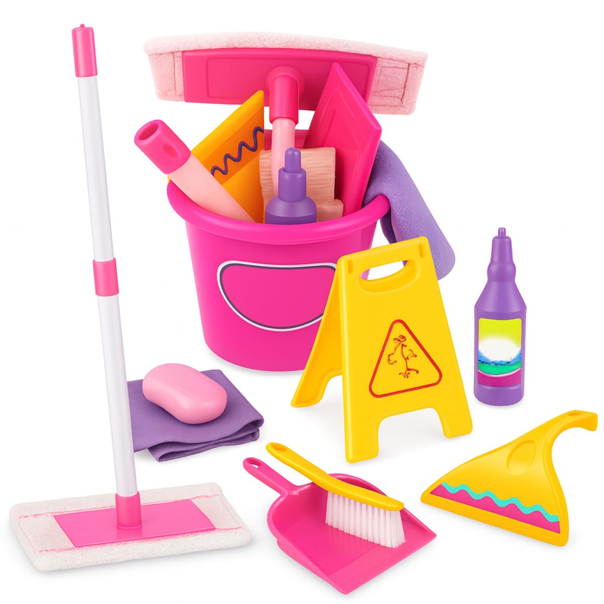 Toyana 11 PCs Kids Cleaning Set, Pretend Play Housekeeping Role Play Toy with Mop Dustpan Brush Window Wiper Bucket, Complete Cleaning Tools Kit, Little Helpers Gift Set for Children Ages 3+ Years