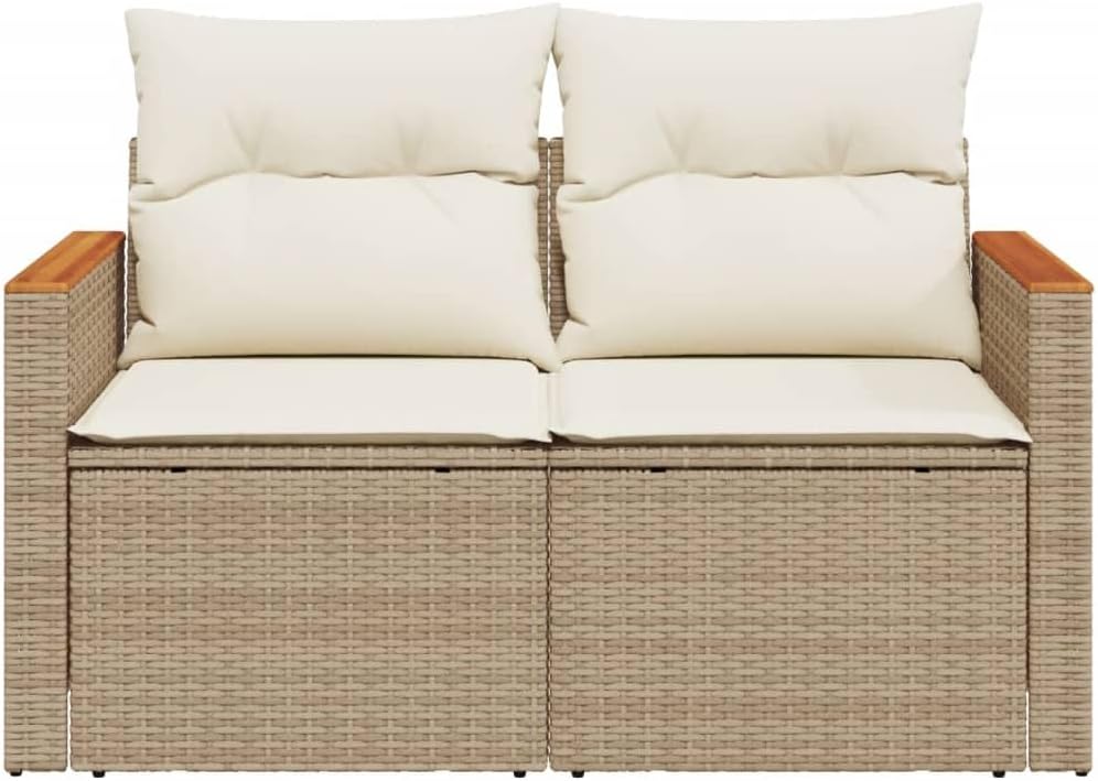 Beige 2-Seater Outdoor Loveseat Foldable Patio Furniture Sofa Couch with Storage, All-Weather Synthetic Rattan and Acacia Wood Frame for Garden Balcony Backyard