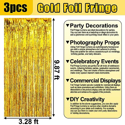 Image of 3 Pack Gold Foil Fringe Curtain Backdrop, 3.28Ft x 9.8Ft Metallic Tinsel Foil Fringe Streamer Curtains for Photo Booth, Christmas Day, Thanksgiving, Wedding, New Year Party Decorations