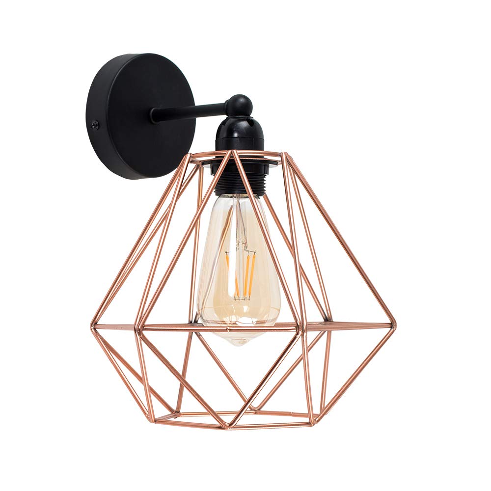 MiniSun | Industrial Steampunk Satin Black Pipework Single Wall Light with a Copper Metal Cage Light Shade | Outdoor Lights, Home Décor Essential | Includes Bulb [2700K Warm White] | Mains Wired