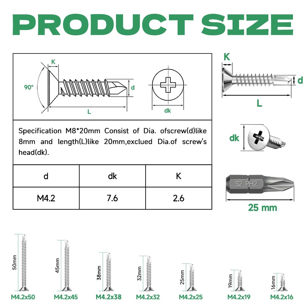 HXJDAM 160pcs Self Tapping Screw, 4.2 * 38mm 410 Stainless Steel Cross Countersunk Drill Tail Self Drilling Screws Wood Screws, Sheet Metal Tek Screws - Image 2