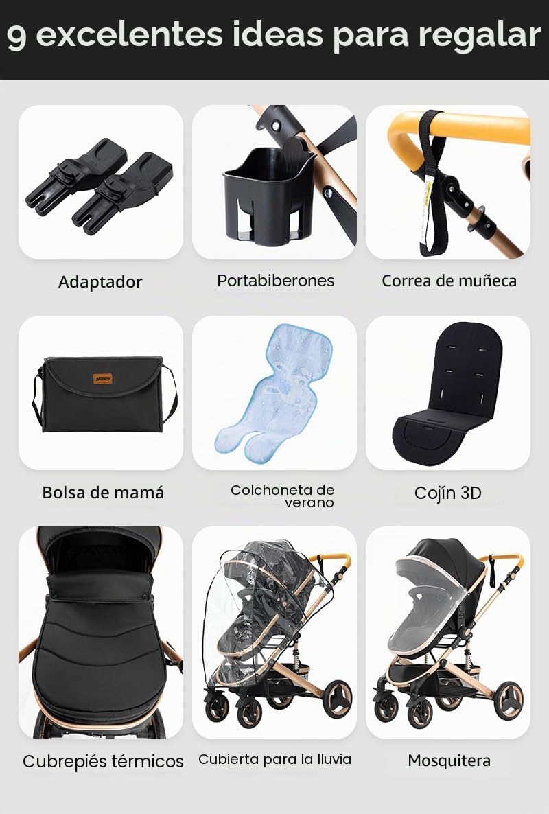 YAZOCO Carrito bebe 3 en 1 Cochecito De Bebé Combinado Compacto Todoterreno Lujoso Paisaje Alto Cuatro Veces 0-36 Kg Cochecito De Bebé BastóN Plegable Accesorios CóModos