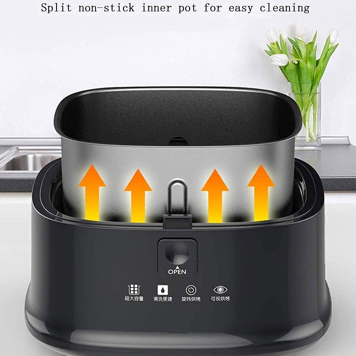Friggitrice ad aria per uso domestico Controllo da 8 litri Friggitrice ad aria senza olio Temporizzazione Friggitrici elettriche Rotazione intelligente Flip Tetto apribile visivo Riscaldamento 3D 1200