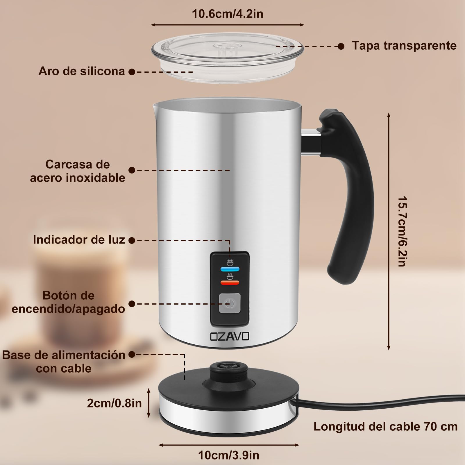 Espumador de Leche Automático Batidor de leche Eléctrico 500W Vaporizador y Calentador Leche 150ML/240ML Hace Espuma en Caliente/Frío, Protección Contra-sobrecalentar- 304 Acero Inoxidable