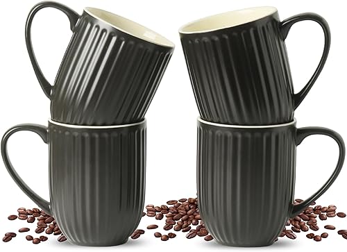 Miniatura 1 de Hasense Juego de 4 tazas de café de 16 onzas, grandes tazas de cerámica acanaladas con mango grande para café, té y cacao, diseño moderno y peso