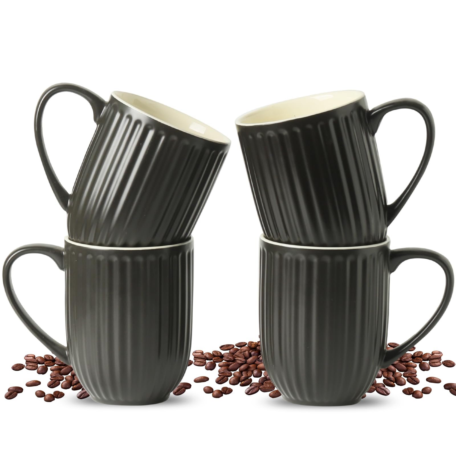 HASENSE Coffee Mugs Set of 4, 16 Oz Large Ceramic Ribbed Latte Cups with Big Handle for Coffee, Tea and Cocoa, Modern Design & Light Weight, Microwave & Dishwasher Safe, Black