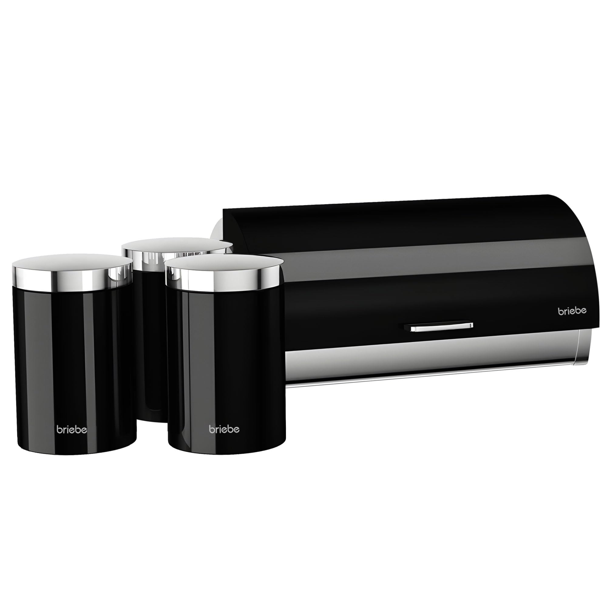 briebe Table Bread Bin Set + Set of 3 Kitchen Storage Cans, Stainless Steel, Container for Storing Bread and Bakery, Sliding Lid, Modern Design, Bread Box, Black/Stainless Steel