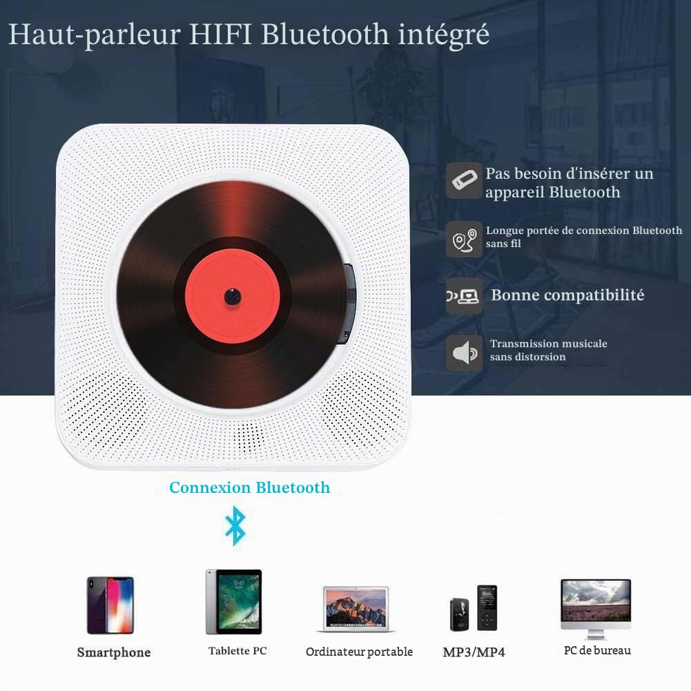 Lecteur de CD Portable de Bureau avec Bluetooth - Lecteur CD Musical Mural Multifuctional Intégré dans Les Haut-parleurs HiFi Home Mini Lecteur CD Audio Boombox avec Télécommande（Blanc）