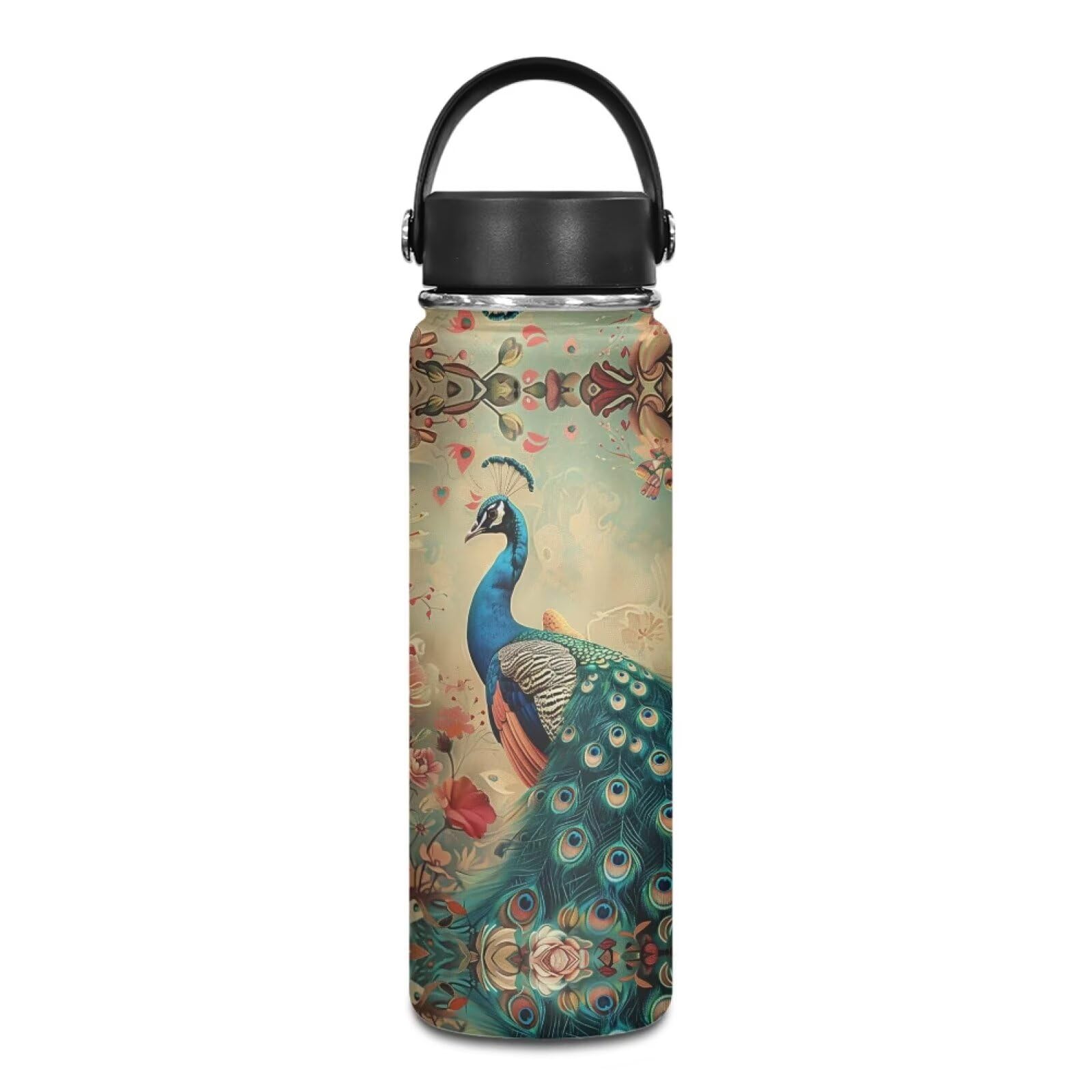 Flashideas Peacock Water Bottles for Girls 20oz Leak Proof Double Walled Stainless Steel Gym Bottles for Men Women Insulated Thermos Hot Cold Hiking