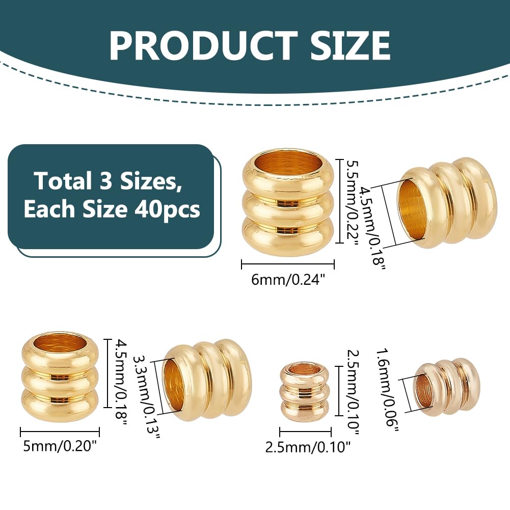 PH PandaHall 120pcs 14K Gold Plated Beads Column Spacer Beads 3 Sizes Grooved Tube Bead Metal Loose Spacer Bead for Jewellery and Lanyards Making Hole 1.6-4.5mm - Image 2