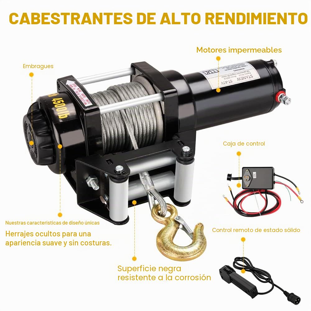 Stanew Cabrestante Eléctrico 12V 4500 LBS/2045 Kg, Winches de Recuperación con ATV UTV, Cabrestante de Cable de Acero de 6mmx10 m, Eléctricos con Control Remoto Inalámbrico