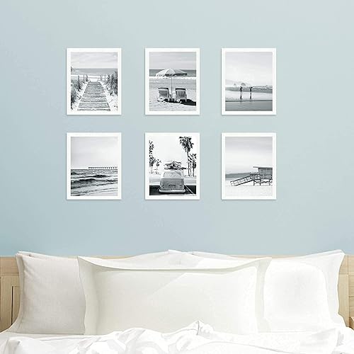 Miniatura 5 de Impresiones artísticas costeras de playa, decoración de pared, juego de 6 elegantes pósteres temáticos de océano de California en blanco y negro,