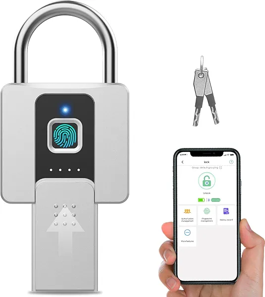 Eseesmart Fingerprint Padlock, Padlock, Fingerprint Lock, Waterproof Padlock with Key and Mobile APP, Suitable for Gates, Fences, Gym, Cabinets, Office, Silver