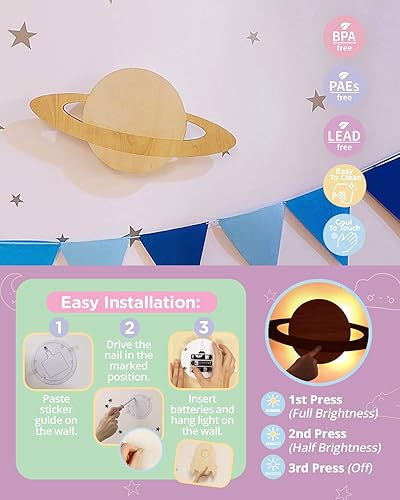 Miniatura 5 de SomeShine Saturn Silhouette - Lámpara de pared Saturn Silhouette para niños, con temporizador de 1 hora y brillo ajustable, luces lindas