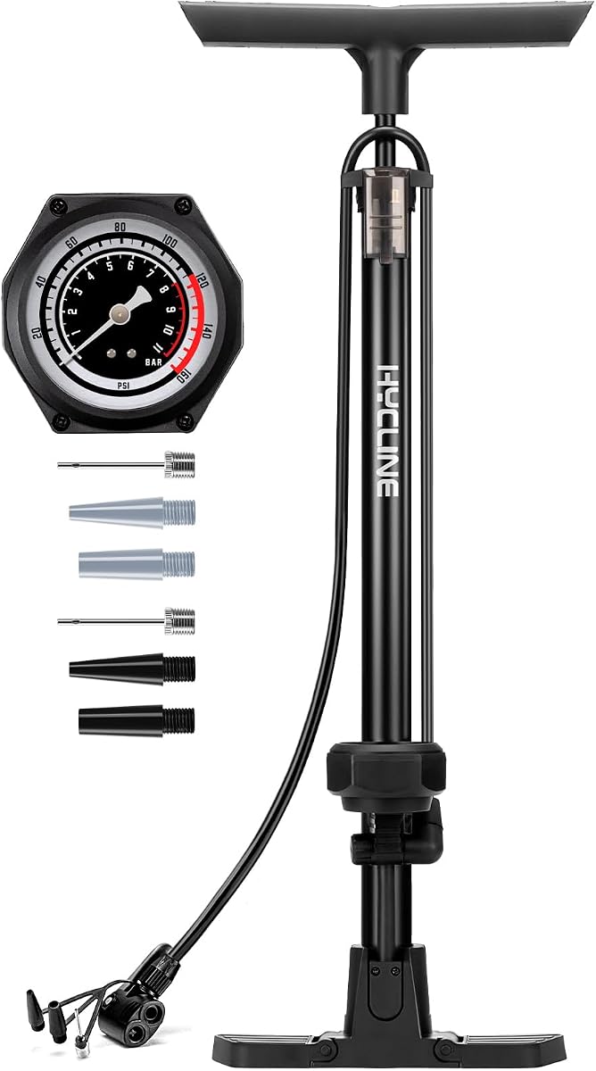 Hycline Bike Floor Pump with 160 PSI High Pressure Gauge - Full Size | Bicycle Tire Air Pump | Presta & Schrader Dual Valve | Long Hose | Ergonomic Handle | Road Gravel Mountain Bikes BMX MTB