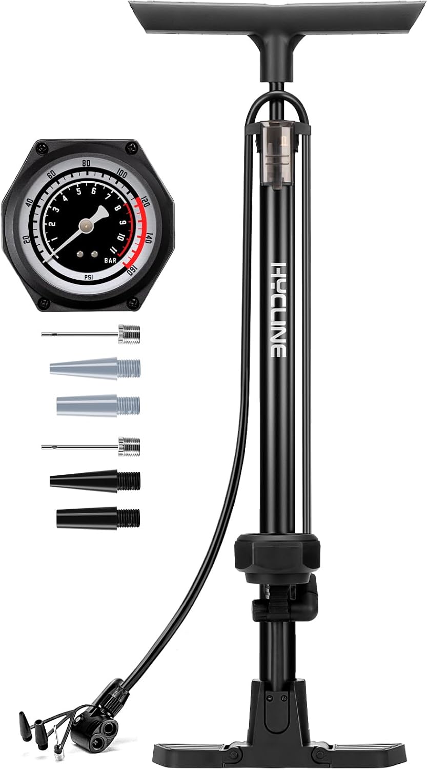 Hycline Bike Floor Pump with 160 PSI High Pressure Gauge - Full Size | Bicycle Tire Air Pump | Presta & Schrader Dual Valve | Long Hose | Ergonomic Handle | Road Gravel Mountain Bikes BMX MTB
