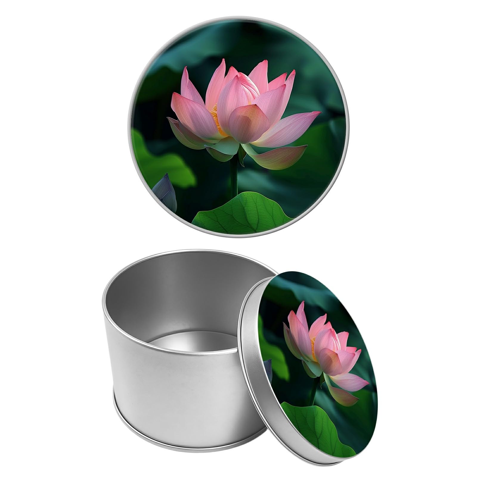Round Metal Tin Container with Removable Lid, Blooming Pink Lotus Durable Metal Storage Box for Cookies Spices Tea Candies Cakes Jewelry Cosmetics 3.54 x 2.36 inch– Single Pack