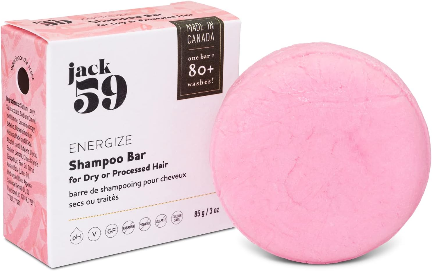 Jack59 Shampoo Bar for Dry or Processed Hair Energize with Pink Grapefruit and Lime
