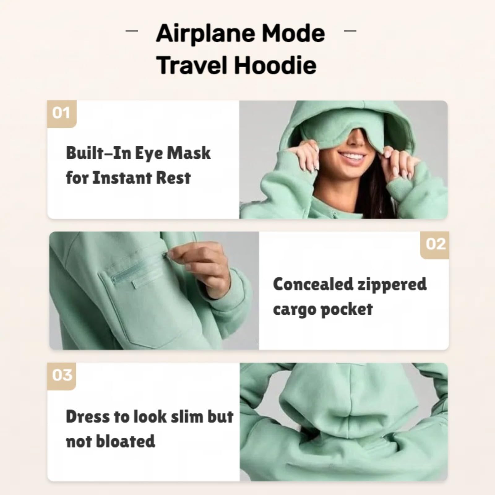 Générique Airplane Mode Travel Hoodie with Eye Mask, Travel Hoodie with Secret Pockets Womens, Sweatshirt Pullover for Flying Sleeping, Wearable Blanket Hoodies for Men Women Sleep
