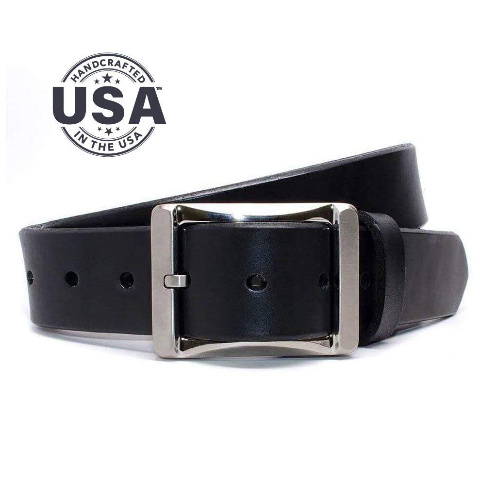 men's dress belt unique buckle minimalist square sculptural titanium 32mm Silver Black Leather enjoying a casual outing Dress Belts
