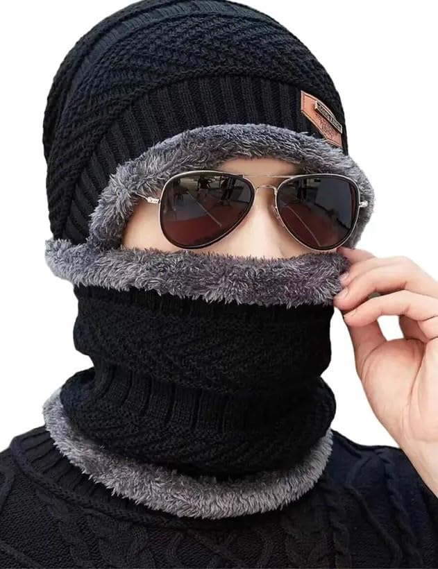Winter Knit Beanie Cap Hat Neck Warmer Scarf andWoolen Set Skull Cap for Men Women - Winterwear Combo Set of Woolen Cap Scarf