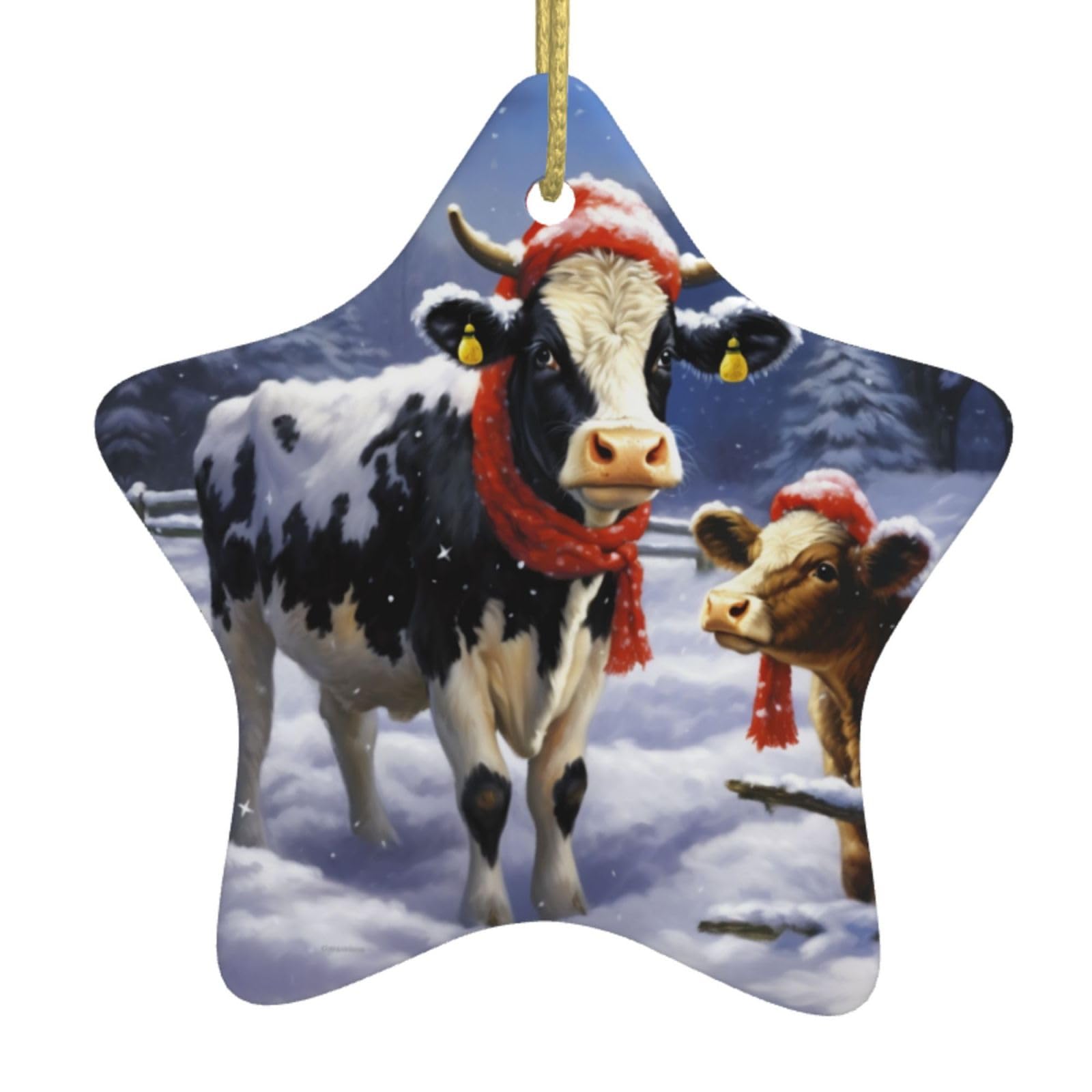Ceramic Christmas Tree Hanging Ornaments with Gold Ropes Christmas Tree Decorations Star Ceramic Christmas Snow Cow Pendant Keepsake Decorations for Holiday Xmas Gift Ideas