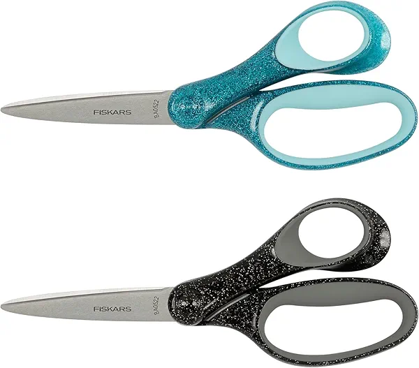 Fiskars 7" Student Glitter Scissors for Kids Ages 12-14 (2-Pack), Scissors for School or Crafting, Back to School Supplies, Black and Turquoise
