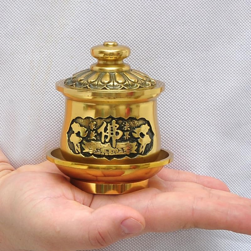 Cabilock Buddhist Water Cup 2.75 Inch Copper Offering Cup with Lid Base for Temple Decor and Home Altar Ritual Use Compact Design