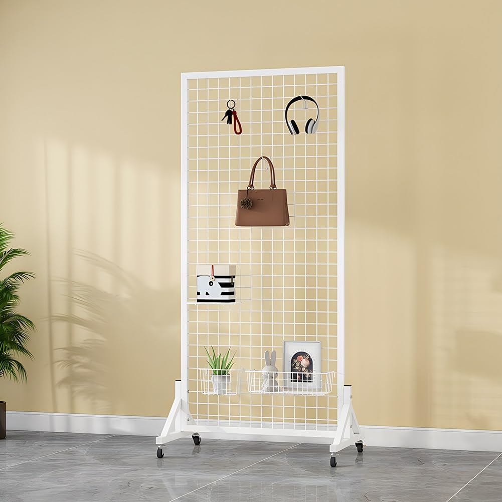 Freestanding Mobile Gridwall Display Stand with 4 Wheels & 20 Hooks - Metal Mesh Rack for Retail Trade Shows Art Exhibitions & Events，White 60x40x160cm