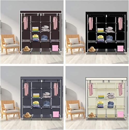 Miniatura 5 de Armario de ropa portátil de 67 pulgadas, 12 estantes, 4 bolsillos laterales, color beige, para dormitorio, entrada, sala de estar