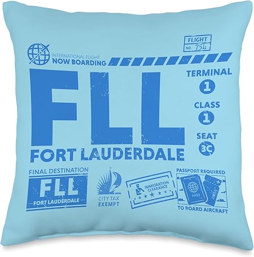 Now Boarding Air Travel Vacation Tees Vintage Fort Lauderdale FLL Airport Code Travel Day Retro Throw Pillow, 16x16, Multicolor