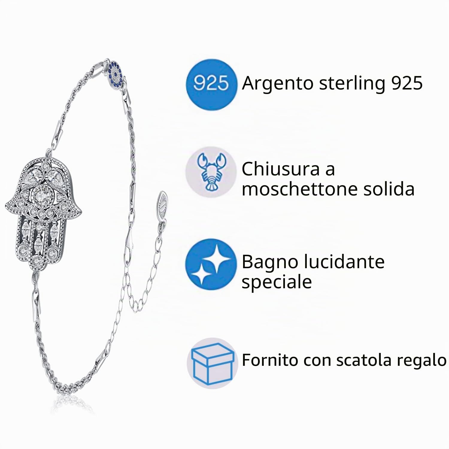 Gioielli Mano di Fatima Argento Sterling 925 Orecchini/Bracciale Mano di Fatima per Donna Hamsa Amuleto per Donne Mamma con Scatola Regalo