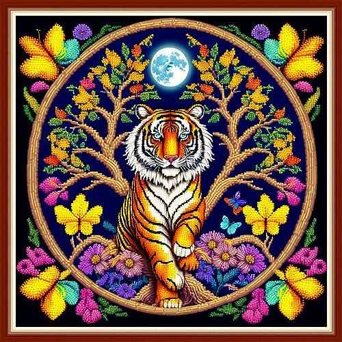 Image of Dimensean Stamped Cross Stitch Kits Full Range of Embroidery Patterns Starter Kits for Beginners Adult DIY Cross Stitches Needlepoint Kits 11CT-Tiger Wreath 17.7x17.7 inch