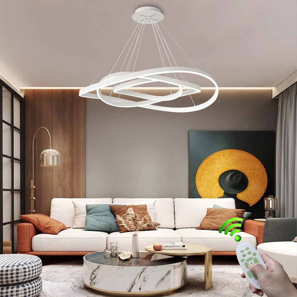 RuiRfh Chandelier Modern LED Pendant Light with White Irregular Ring Living Room Lamp Dimmable Chic Creative Lighting 3000-6500K Ceiling Lamp Suitable for Dining Room Bedroom Kitchen Island Cafe Hotel