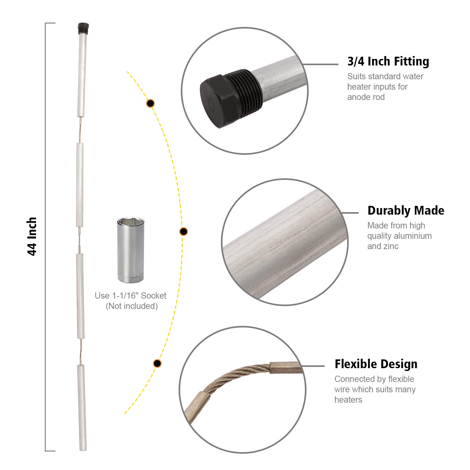 Kohree Aluminum Zinc Anode Rod 44", Water Heater Protection Hex Head