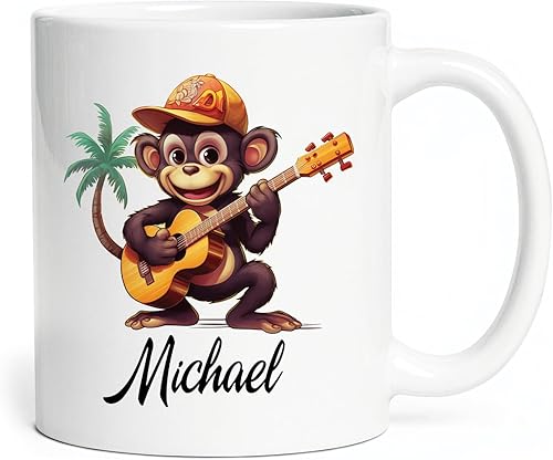 Taza de mono personalizada con nombre, taza de guitarra con diseño de mono, regalo para amantes de los animales para niños, linda taza de mono, taza