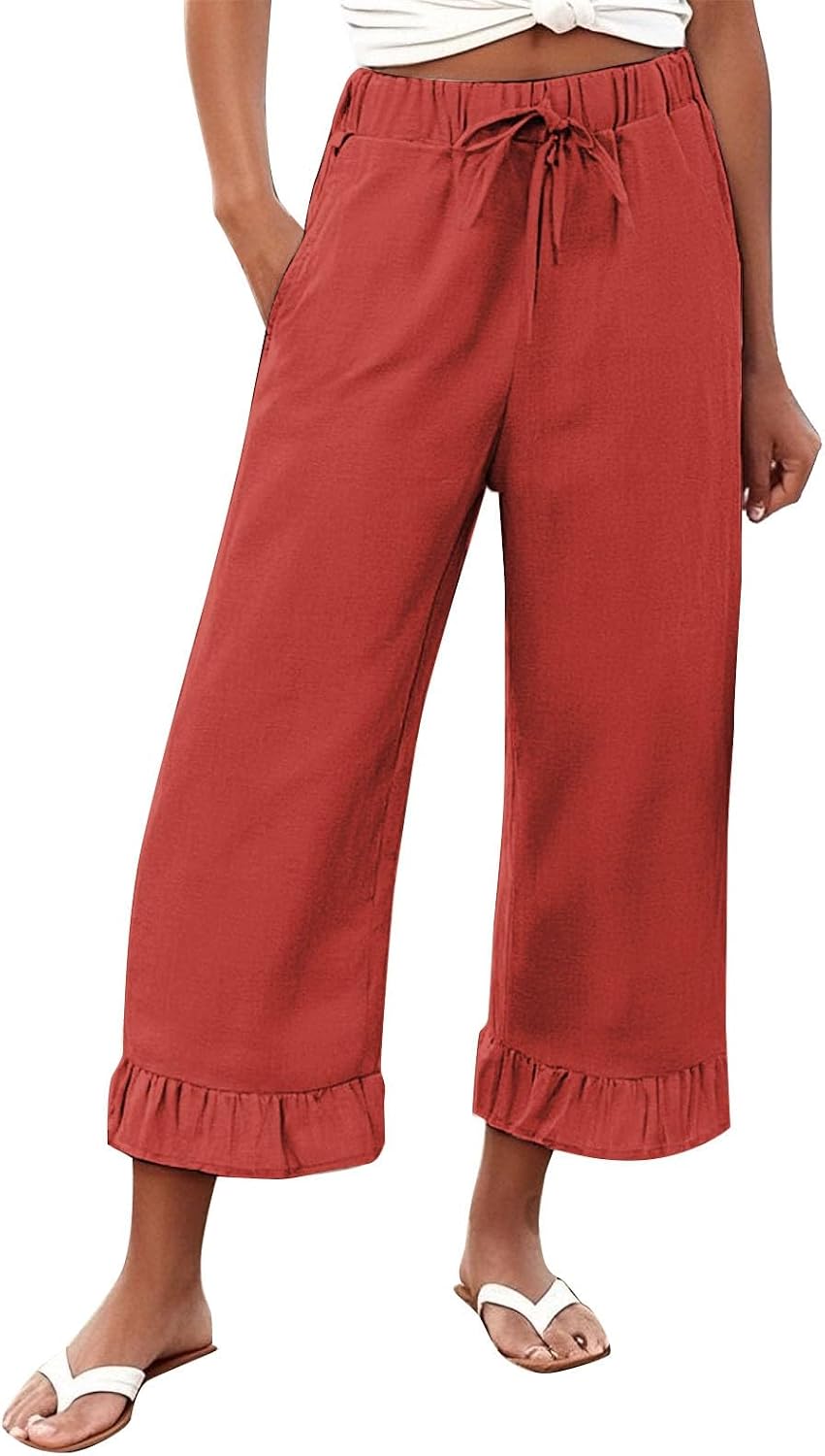 Womens Wide Leg Pants Elastic High Waisted Ruffle Hem Palazzo Pants with Pockets