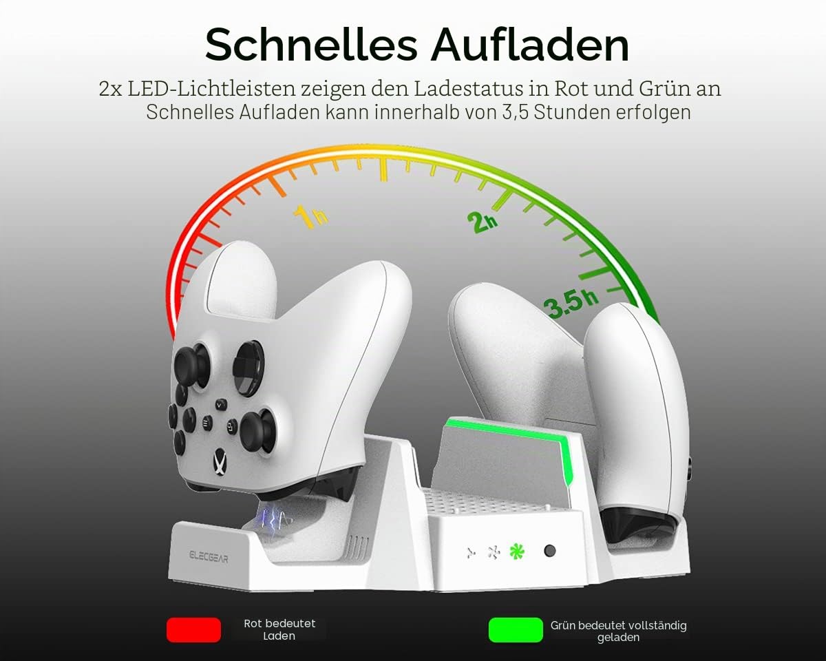 ElecGear Vertikale Kühlung und Ladestation für Xbox Series S, 2X Wiederaufladbare Akku für Xbox Controller Batterie Ladegerät, Lüfter Kühler Ständer mit LED-Lichtern und USB-Anschluss