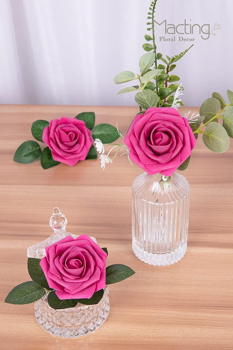 MACTING 30PCS Artificial Flower Roses Real Touch Fake Flowers with Stem Soft Foam Roses for DIY Wedding Bouquet Party Table Centerpieces Baby Shower Home Valentines Day Decorations (Hot Pink) - Image 4