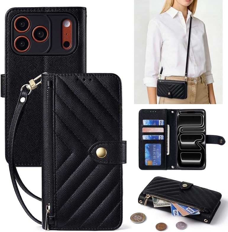 Designed for Apple iPhone 16 Plus case V-Quilted Leather Crossbody Wallet with Card Slots Zipper Pocket Kickstand Wrist Strap & Adjustable Shoulder Strap - Black