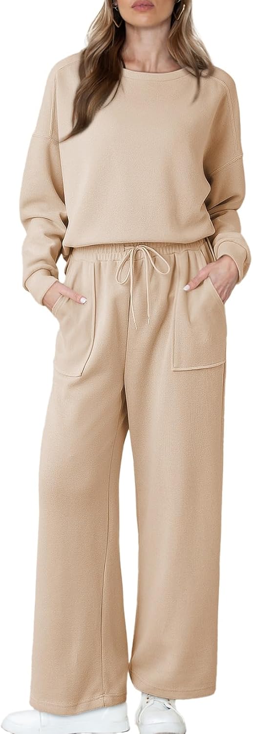 Dokotoo Women’s Cotton 2 Piece Outfits Sweatsuit Casual Fall Long Sleeve Knit Tops And Pants Lounge Sets