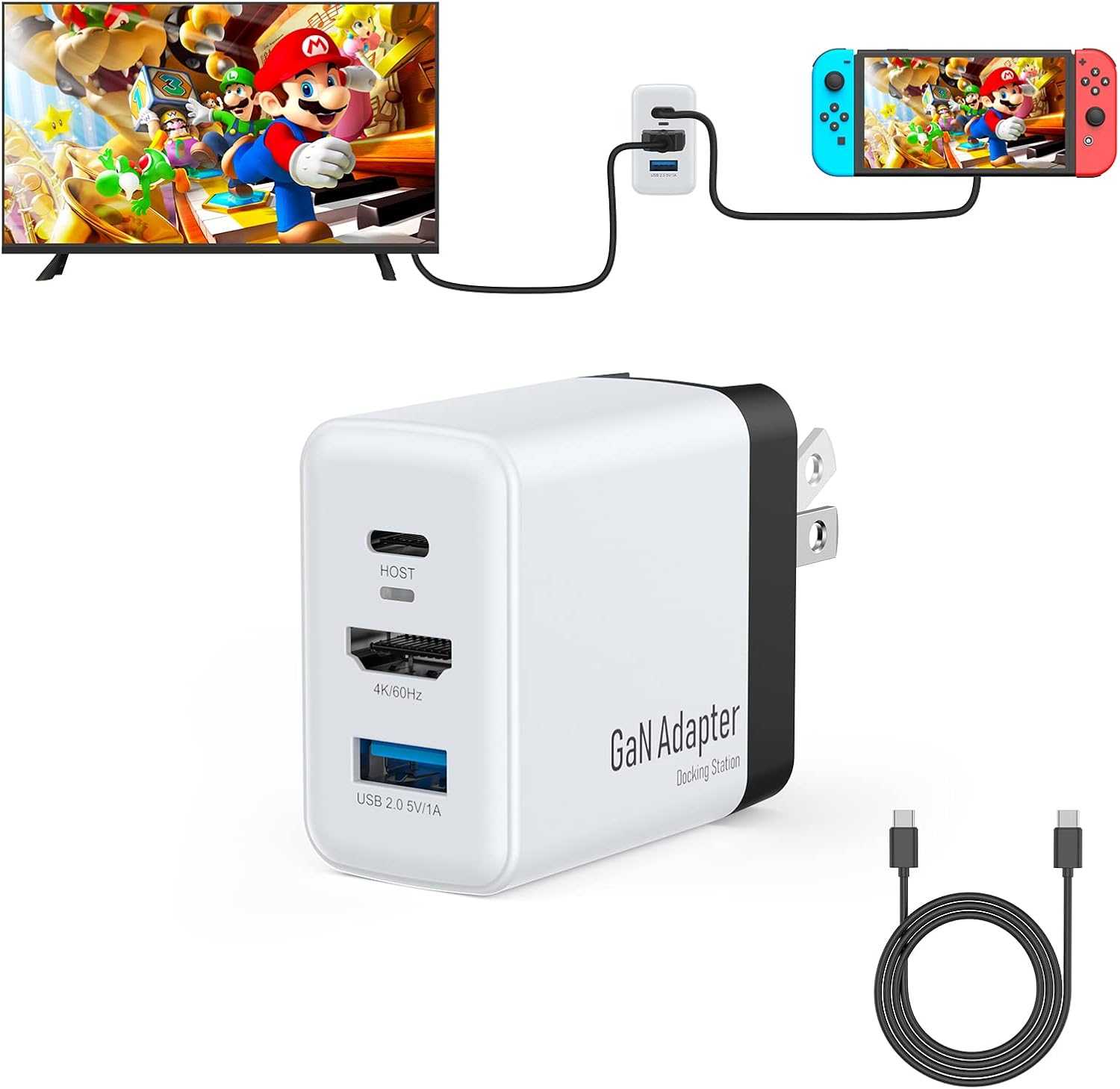 JINGDU AC Adapter with HDMI Output Compatible with Nintendo Switch, Switch Charger for NS/OLED, Portable Covert Dock for TV and Charging, A 1.5m C-C Cable Included, White and Black