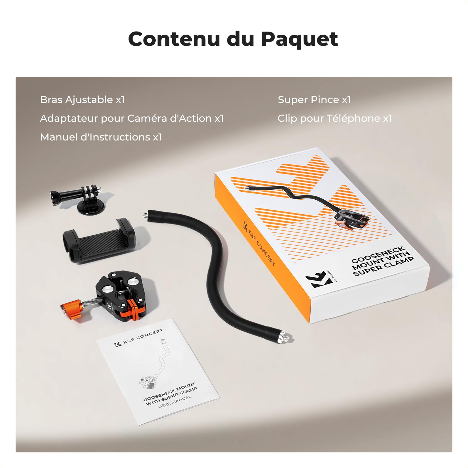 K&F Concept Super Clamp avec Bras Flexible 30 cm, Filetages 1/4" 3/8" | compatible caméra, lampe LED, microphone et accessoires photo - MS50